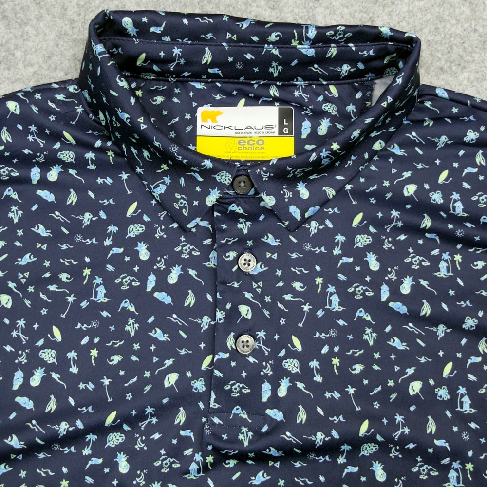 Jack Nicklaus Mens Large Navy Blue Beach Print Eco Choice Golf Polo Shirt - Picture 3 of 9